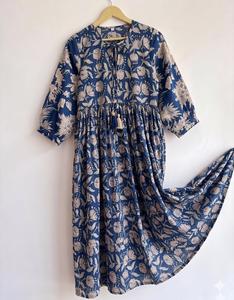 Boho Floral Print Maxi <b>Dress</b> Women Loose Fit Tie Neck Three Quarter Sleeve Puff Sleeve <b>Elastic</b> Waist Viscose Casual Spring <b>Dress</b> - Product Image 1