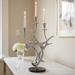 Candélabre élégant en argent en forme de bois de cerf, porte-bougie à 3 branches en métal avec base en marbre, centre de table de luxe pour mariage, décoration de table - Product Image 1