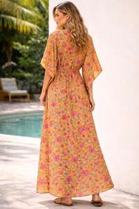 Vestido Kaftán de Algodón con Estampado Floral Rosa para Mujer, Estilo Boho, para Vacaciones en la Playa - Product Image 3