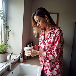 Camisa de manga larga con pantalones elásticos Petal-Scripted Tranquility in Roselight Bloom y Viscose Stillness - Product Image 1