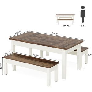 Set da Cucina Salvaspazio 3 Pezzi Stile Rustico per 4-6 Persone, Tavolo da Pranzo in Legno da 55 Pollici con 2 Panche per Sala da Pranzo - Product Image 3