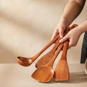 ชุดอุปกรณ์ครัวไม้ 4 ชิ้น เป็นมิตรกับสิ่งแวดล้อม ไม่ติดกระทะ พร้อมตะหลิวและช้อน ทำจากไม้เนื้อแข็งธรรมชาติ - Product Image 2