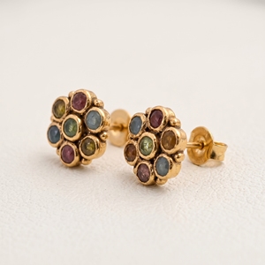 925 Sterling Silver Gold Plated Bezel Setting Multi Tourmaline <b>Stud</b> Earrings Handmade Gemstone Floral Luxury Wedding Party - Product Image 4