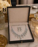 Parure de bijoux de mariage personnalisée en or blanc 18 carats avec diamant de laboratoire taille poire, collier ras-du-cou à franges et collier chandelier halo