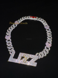 Rapper's Luxury Fine Jewelry Men's Rhodium Silver Bling Enamel Heart Cuban <b>Chain</b> Iced Moissanite Custom Letter Pendant Hip Hop - Product Image 4
