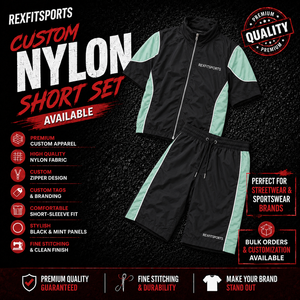 REXFIT SPORTS 2026 Ensemble de shorts en nylon noir menthe personnalisé pour homme, veste à manches courtes entièrement zippée et short à cordon de serrage, vêtements de sport personnalisés - Product Image 1