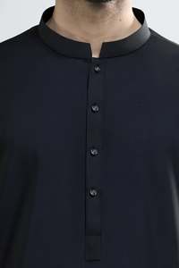 Men's <b>Black</b> Cotton Kurta <b>Pajama</b> <b>Set</b> Knee-Length Regular Fit Traditional Casual Wear India Pakistan Style Wrinkle Free Breathable - Product Image 5