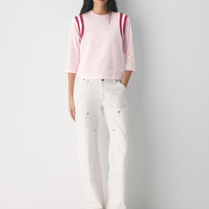 Camiseta de Algodón Personalizada para Mujer, Corte Holgado, Cuello Redondo, Manga 3/4, Estilo Urbano con Rayas, Hombros Caídos, para Uso Diario - Product Image 5