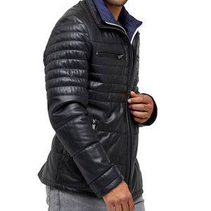 Custom 2026 Men's Leather Jacket High Quality Canvas <b>Waterproof</b> <b>Warm</b> Trendy Front Logo Eco-Friendly High Street Turtleneck Cheap - Product Image 2