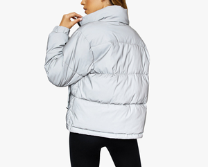 Hooded Collar <b>Women's</b> Winter Long Sleeve Stand Collar Metallic <b>Silver</b> Winter Coat Thick Woven Polyester Zipper Short Length - Product Image 2