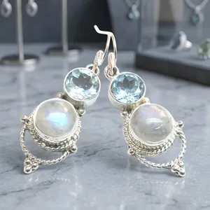 Boucles d'oreilles pendantes en argent sterling 925 avec pierre de lune arc-en-ciel et topaze bleue, bijoux vintage faits à la main en pierres précieuses - Product Image 3