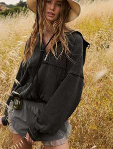 En gros Sweat à capuche court pour femme, pull demi-zip en polaire à manches longues avec cordon de serrage à la taille, coloris Olive, Crème, Noir, Rose, style Streetwear - Product Image 3