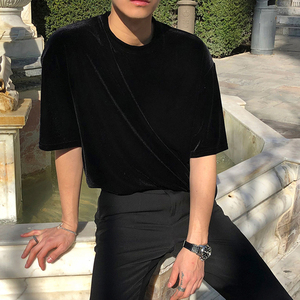 Premium Quality & Quick Dry Breathable Velvet Fabric Short Sleeves Custom Logo & Colour Velvet Mens Tee <b>Shirts</b> - Product Image 5