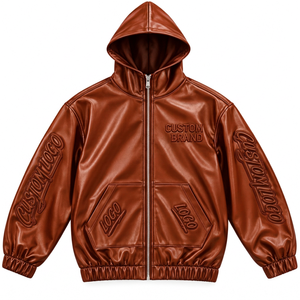 Chaqueta con Capucha de Cuero Sintético Personalizada para Hombre, Detalles con Logotipo Grabado, Cierre Completo, Estilo Urbano Oversize - Product Image 6