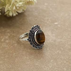 Handmade Vintage Oval Tigers Eye Gemstone Bezel <b>Set</b> Brass <b>Ring</b> 925 <b>Silver</b> Plated Unisex Boho Statement Jewelry - Product Image 3