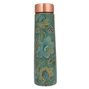 Botella de cobre verde azulada con estampado floral meenakari, botella de agua de cobre hecha a mano con diseño tradicional indio de hojas amarillas florales. - Product Image 2