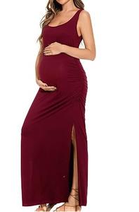 Robe de maternité et d'allaitement couleur bordeaux unie, tenue d'extérieur respirante, longue jusqu'au sol - Product Image 3