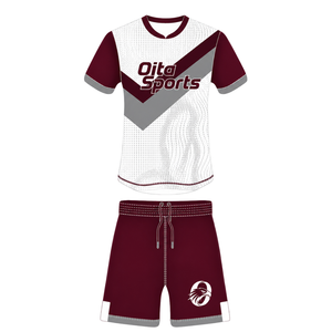 Ensemble uniforme de rugby à manches courtes bordeaux foncé, blanc et gris, avec maillot à col rond à motif et short à cordon de serrage, pour performance athlétique en équipe - Product Image 1
