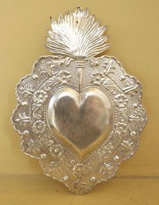 Decoración de Pared Vintage de Metal con Sagrado Corazón, Ex-Voto, Corazón Ardiente Plateado con Rayos Solares, Adorno Religioso Católico para Altar - Product Image 3