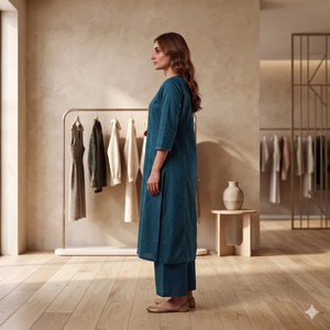Ensemble Kurta d'été en popeline de coton brodé bleu sarcelle pour femme de Rama |   Tenue ethnique traditionnelle élégante pour les fêtes et les occasions spéciales - Product Image 5