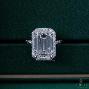 Bague de fiançailles Premium couleur E VS1 avec certificat GRA, bague halo taille émeraude sertie pavé de diamants de laboratoire, bijoux d'anniversaire et de mariage - Product Image 4