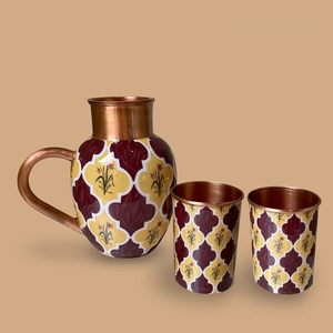 Carafe à eau décorative en cuivre et émail, vaisselle en métal faite à la main pour la maison et la cuisine, avec 2 verres - Product Image 3
