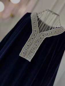 Vestidos Casuales de Terciopelo Azul Oscuro para Mujer, Transpirables, Elegantes, con Cuello Bordado, Estilo Farasha Abaya, Holgados, Talla Grande, Manga Larga - Product Image 4