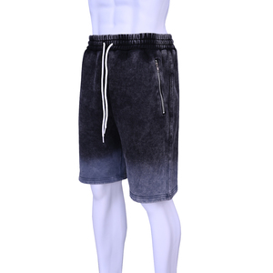 Shorts décontractés pour hommes, taille haute, cordon de serrage, en molleton de polyester et coton 280 GSM, poche zippée, effet vintage délavé - Product Image 4
