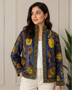 Chaqueta Reversible de Secado Rápido, Hecha a Mano, Azul Marino, Estilo Suzani, Mini Boho, con Bordado Floral, de Algodón y Terciopelo, Cuello Alto, Estilo Jaipuri - Product Image 1