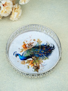 Luxury Round Peacock Print Metal Decorative Serving Tray Handmade <b>Silver</b> Iron Vanity Tray <b>Coffee</b> <b>Table</b> Centerpiece Display Plate - Product Image 5