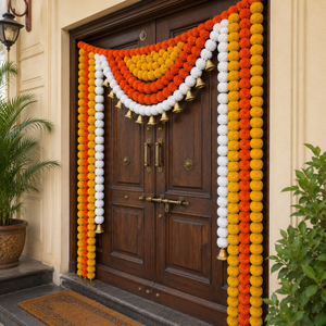 Orange Yellow <b>White</b> Marigold Garland Toran with Golden Bells Festive Door <b>Hanging</b> for Wedding Diwali and Home Decor Entrance - Product Image 6