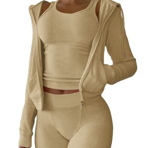 100% algodón logotipo personalizado mujer chándal conjunto de chándal estilo de moda Color sólido 3 uds mujeres Zip Hoodie Set 2026 - Product Image 1