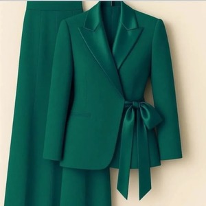 Costume de tailleur vert émeraude pour femme, pantalon long, blazer, ceinture à nœud, col cranté, manches longues, couleur unie, anti-plis, taille XL - Product Image 1