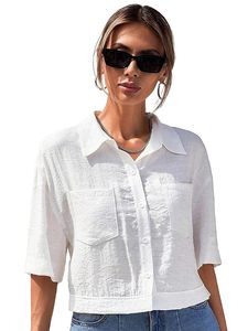 V-Collar Solid Crop <b>Shirt</b> for Women with <b>Half</b> Sleeves, Polyester, Regular Fit - Product Image 6