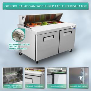 Orikool 60 Commercial <b>Kitchen</b> Refrigeration Equipment Sandwich Salad <b>Prep</b> <b>Table</b> Butcher Block Cutting Board Protection Lid Cold - Product Image 4