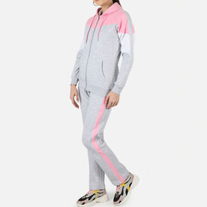 Survêtement pour femme à blocs de couleur, à capuche, avec fermeture éclair, manches longues, décontracté, printemps, gris rose, polyester coton, coupe régulière, poches latérales - Product Image 1