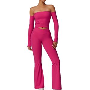 Conjuntos de Yoga para mujer 2025, ropa activa, Top de manga larga, parte inferior acampanada, patrón sólido, botón corto, levantamiento de glúteos, conjuntos de Fitness para gimnasio - Product Image 1