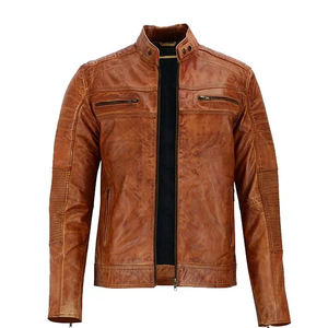 Veste de motard vintage en cuir véritable marron pour homme |   Blouson en cuir de moto coupe ajustée avec col montant - Product Image 3