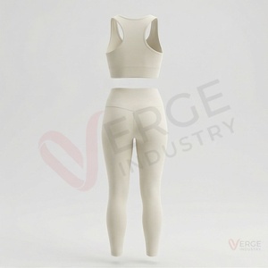 Ensemble de yoga sans couture pour femmes, 2 pièces, haut court à col rond et dos nageur, leggings taille haute longueur intégrale, beige - Product Image 2