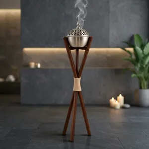 Hand-Made Sandalwood Incense <b>Bakhoor</b> <b>Burner</b> with Wooden Bamboo Tripod Stand Aromatic Diffuser Aromatherapy All-Season Use - Product Image 1