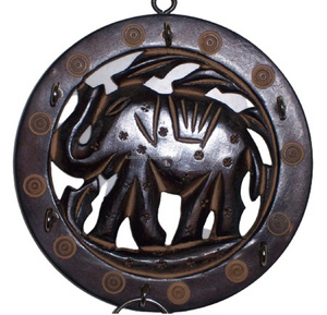 Black-Finished Round Wooden Elephant Carving <b>Key</b> Ring <b>Holder</b> <b>for</b> Boxes and <b>Wall</b> Signs Crafted in Wood - Product Image 1