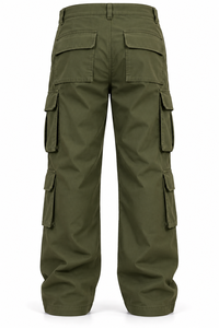 Pantalon cargo vert olive pour homme, taille haute, plusieurs poches, style workwear en toile, coupe droite, fermeture boutonnée, idéal pour l'automne - Product Image 2