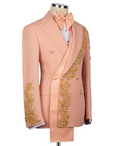 Traje de esmoquin bordado de doble botonadura color melocotón para hombre – Blazer de diseñador con cristales para novio, graduación y fiestas de lujo - Product Image 3