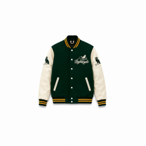 Veste universitaire Nightingale verte avec manches crème, logo oiseau brodé, style preppy, pour l'automne, coupe classique pour homme, fermeture boutonnée - Product Image 1