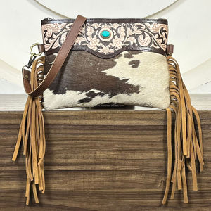 New Premium Hand <b>Tooled</b> Cowhide <b>Leather</b> Women Designer Shoulder Purses High Quality Turquoise Stone Crossbody Sling Fringe Bag - Product Image 4