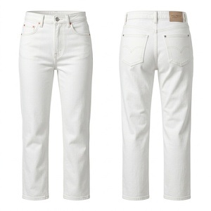 Premium Casual Solid <b>White</b> Denim <b>Womens</b> <b>Jeans</b> 340 GSM Cotton Stretch Fabric Straight Fit Five Pocket Custom Embossed Logo - Product Image 1