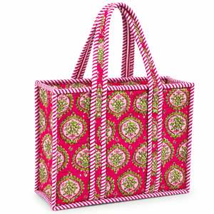 Bolsa de Mano de Lona Rosa con Ribete de Rayas Dulces y Diseño Floral, Bolsa de Compras Abierta, Diseño Moderno para Todas las Temporadas - Product Image 1