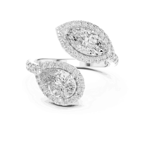 แหวนหมั้นเพชรทรงมาร์คีส์เม็ดคู่ล้อมเพชรแบบฮาโล ทองคำแท้ 18K เพชรเลี้ยงในห้องปฏิบัติการ Toi Et Moi สำหรับทั้งชายและหญิง สี E ระดับความสะอาด VVS VS ตัวเรือนแบบ Pave Shank - Product Image 3