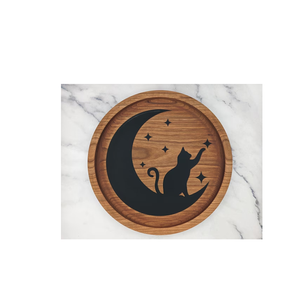 Plateau rond en bois d'acacia imprimé lune pour aliments, collations, petit-déjeuner et fruits – Ensemble d'accessoires de cuisine en bois - Product Image 1