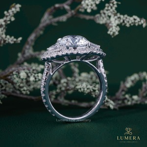 Statement Round Cut Diamond Engagement Ring Pear Cut Side Stones Full Halo Setting Side Micro Pave Band Vintage Ring For <b>Wife</b> - Product Image 6